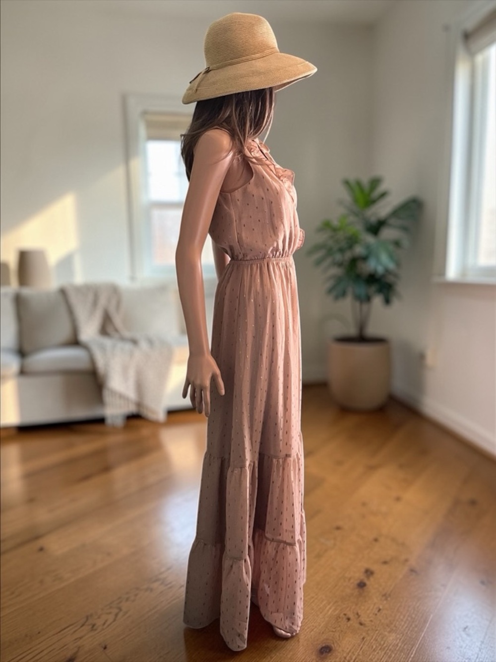Express Dusty Rose Maxi Dress XS Ruffle Metallic Accent Elastic Waist - Picture 4 of 9